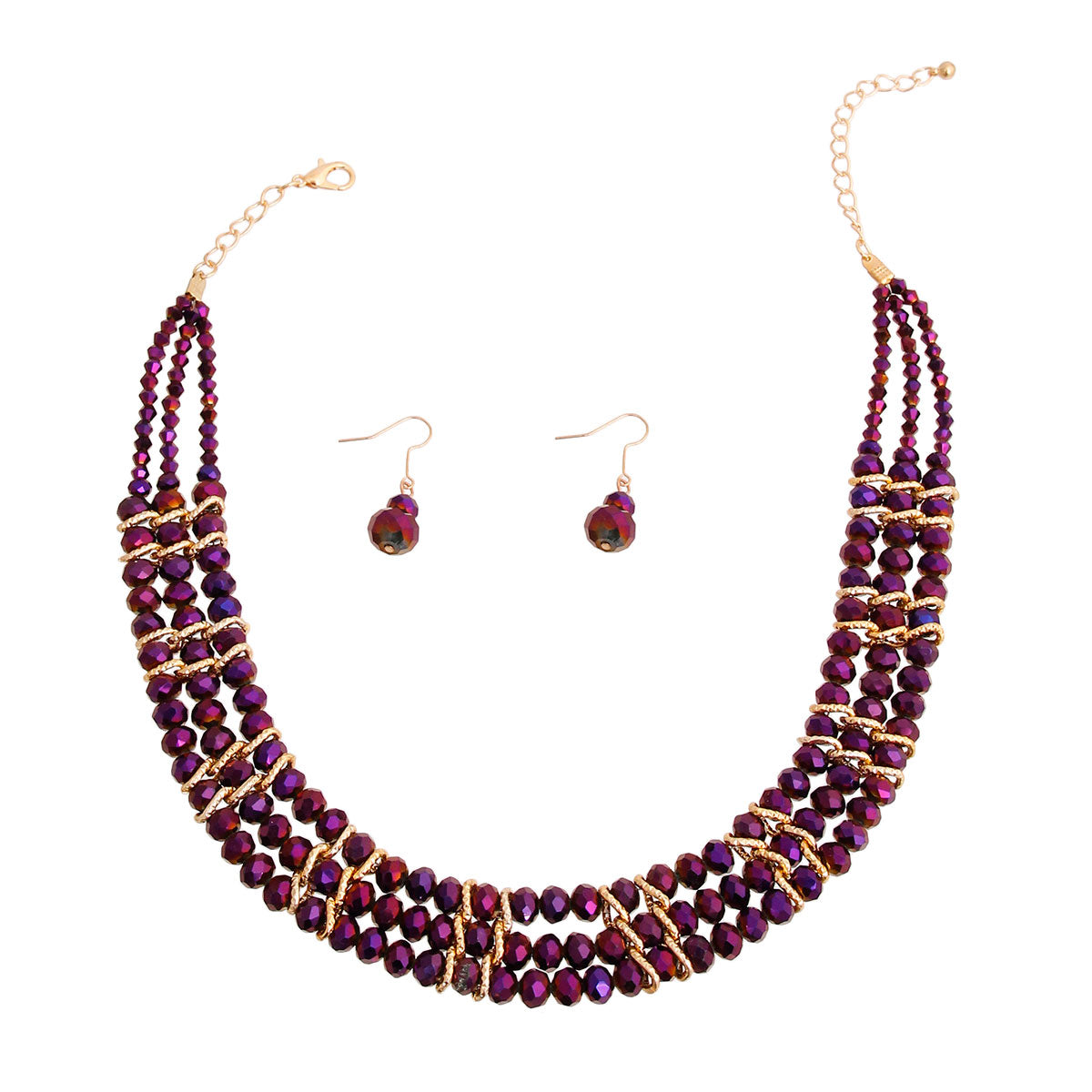 Shiny Purple Bead 3 Row Collar Set