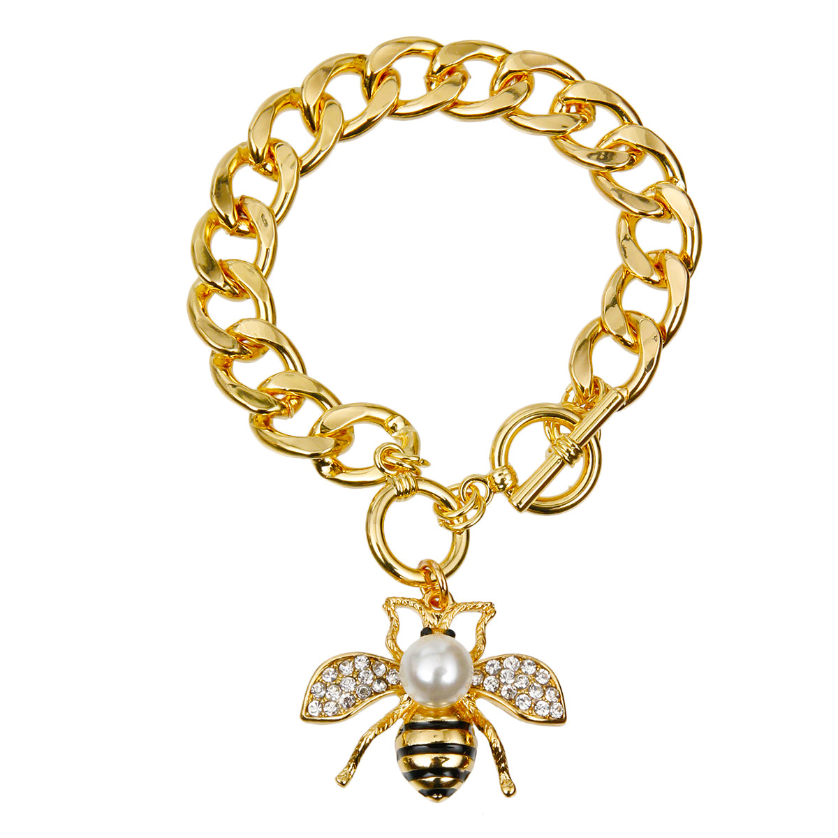 Designer Style Rhinestone Bee Toggle Bracelet with Pearl Detail