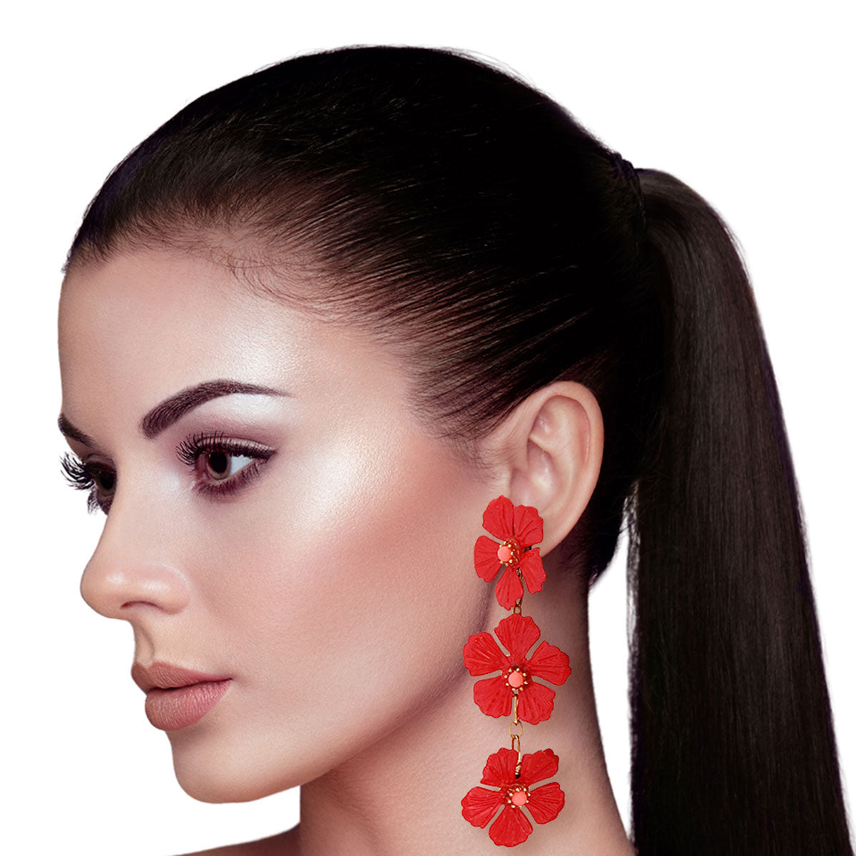 Coral Metal Trio Flower Earrings