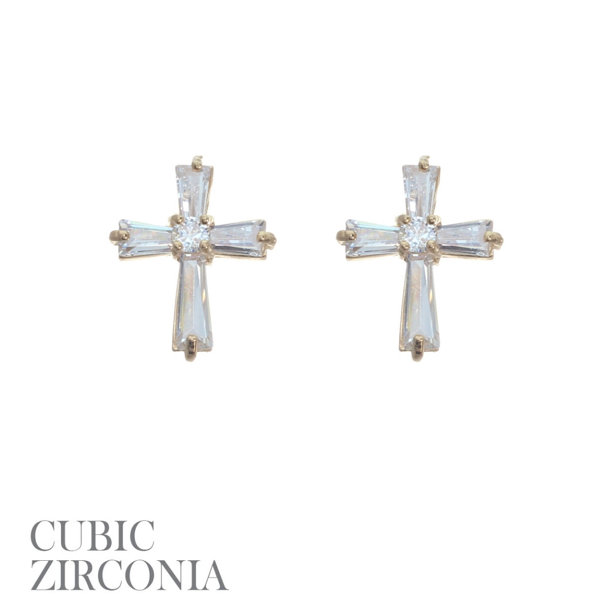 Gold Plated CZ Baguette Cross Studs