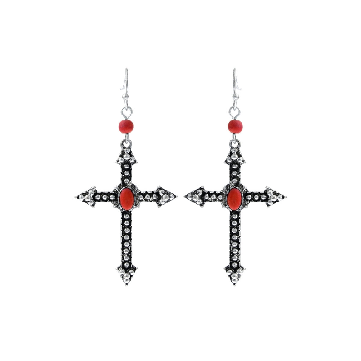 Dark Coral Burnished Silver Cross Earrings