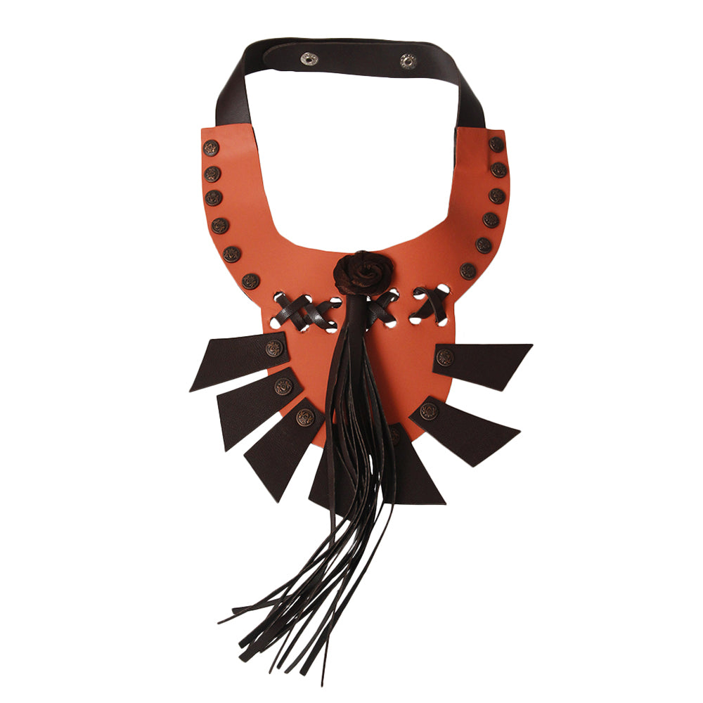 Coral Leather Rose and Tassel Choker Necklace