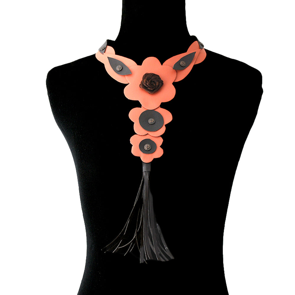 Coral Leather Rose and Tassel Choker Necklace