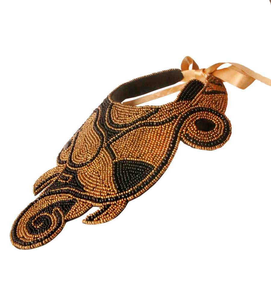Leather Backed Black and Gold Bead Swirl Bib Necklace