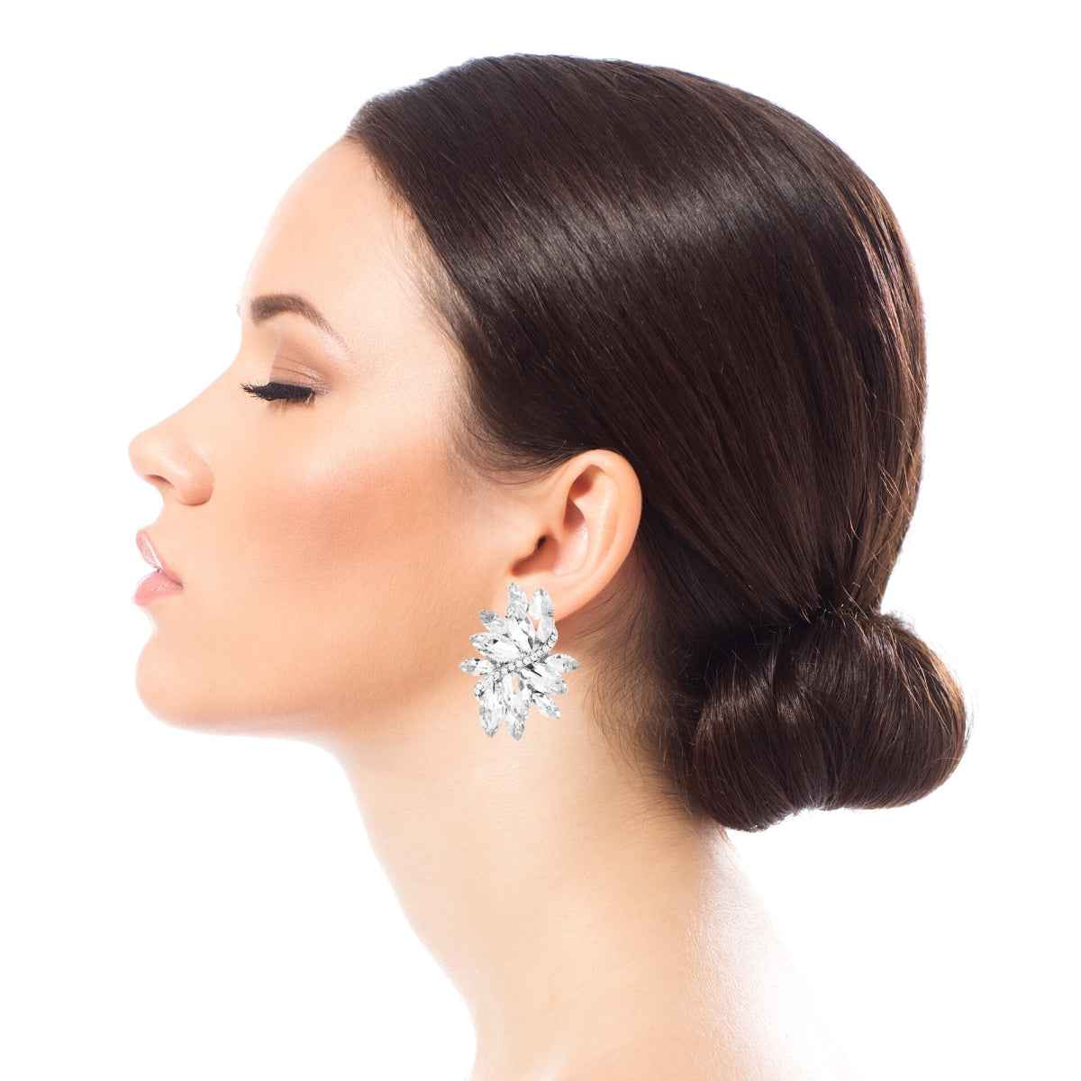 Marquise Crystal and Rhinestone Silver Clip On Earrings