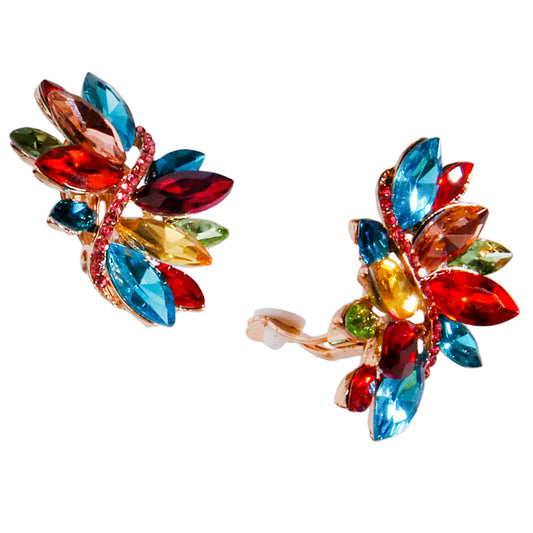 Multi Color Marquise Crystal and Rhinestone Gold Clip On Earrings