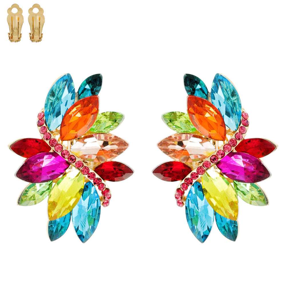 Multi Color Marquise Crystal and Rhinestone Gold Clip On Earrings