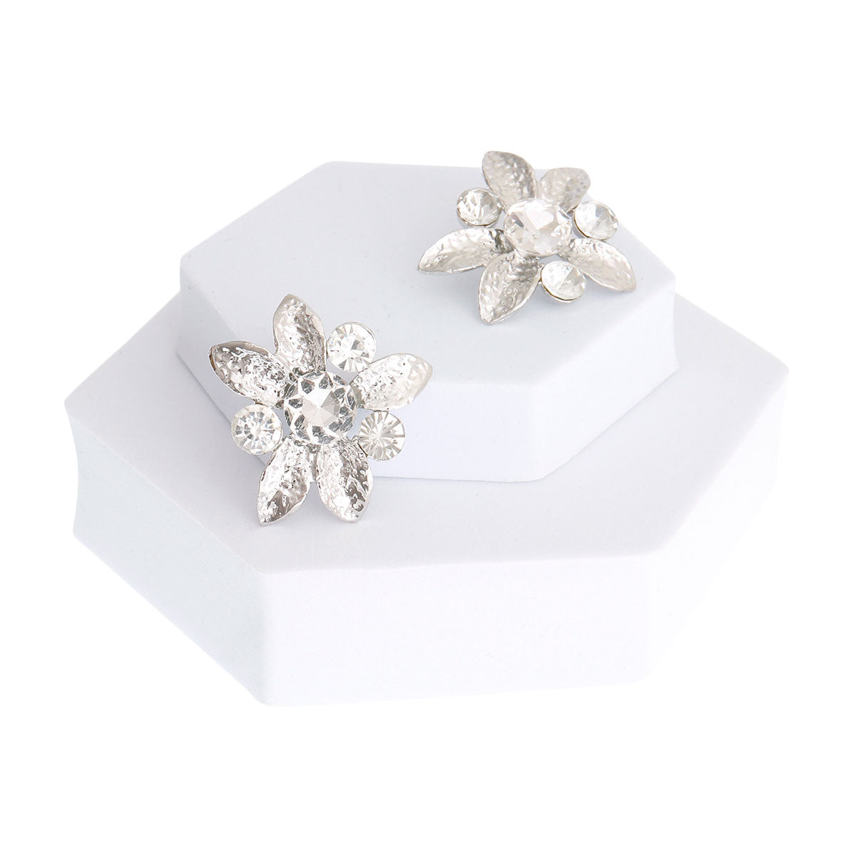 Silver Textured Leaf Crystal Studs