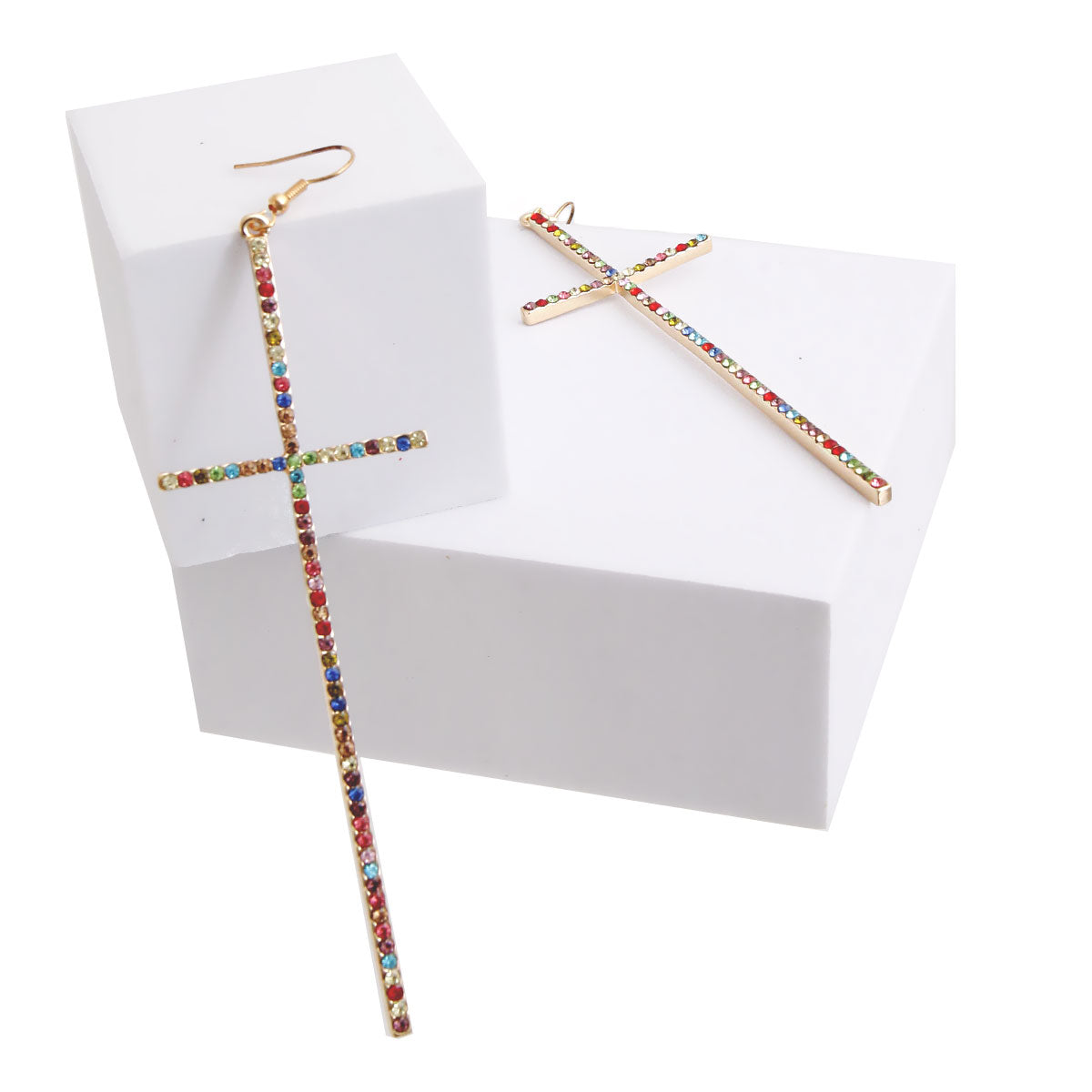 Multi Color Pave Rhinestone Gold Cross Drop Earrings