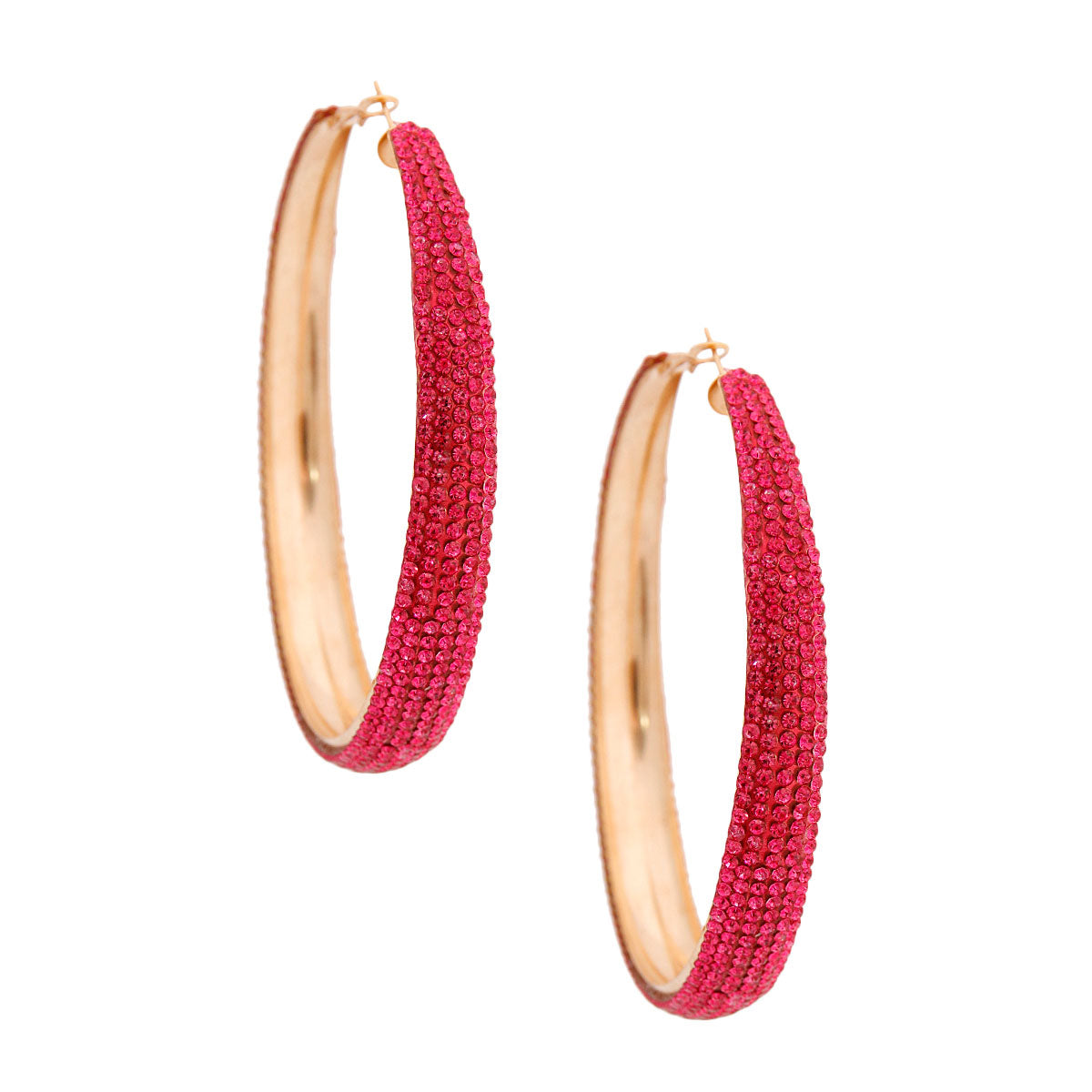 Pink Rhinestone Lines Gold Hoops