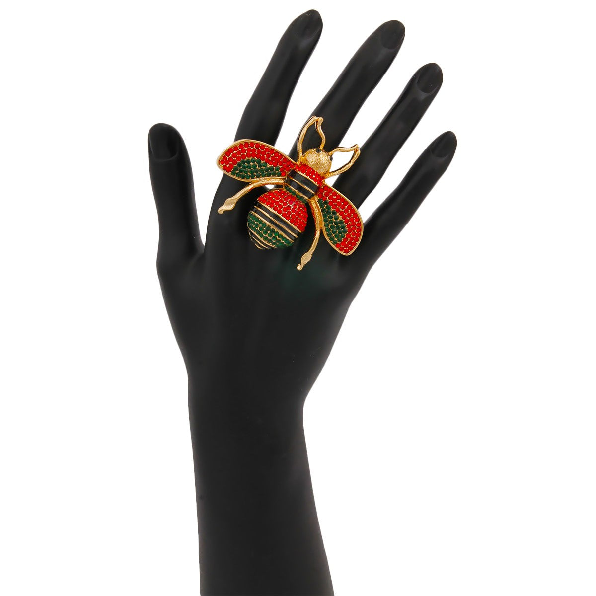 Designer Style Green and Red Rhinestone Bee Stretch Ring