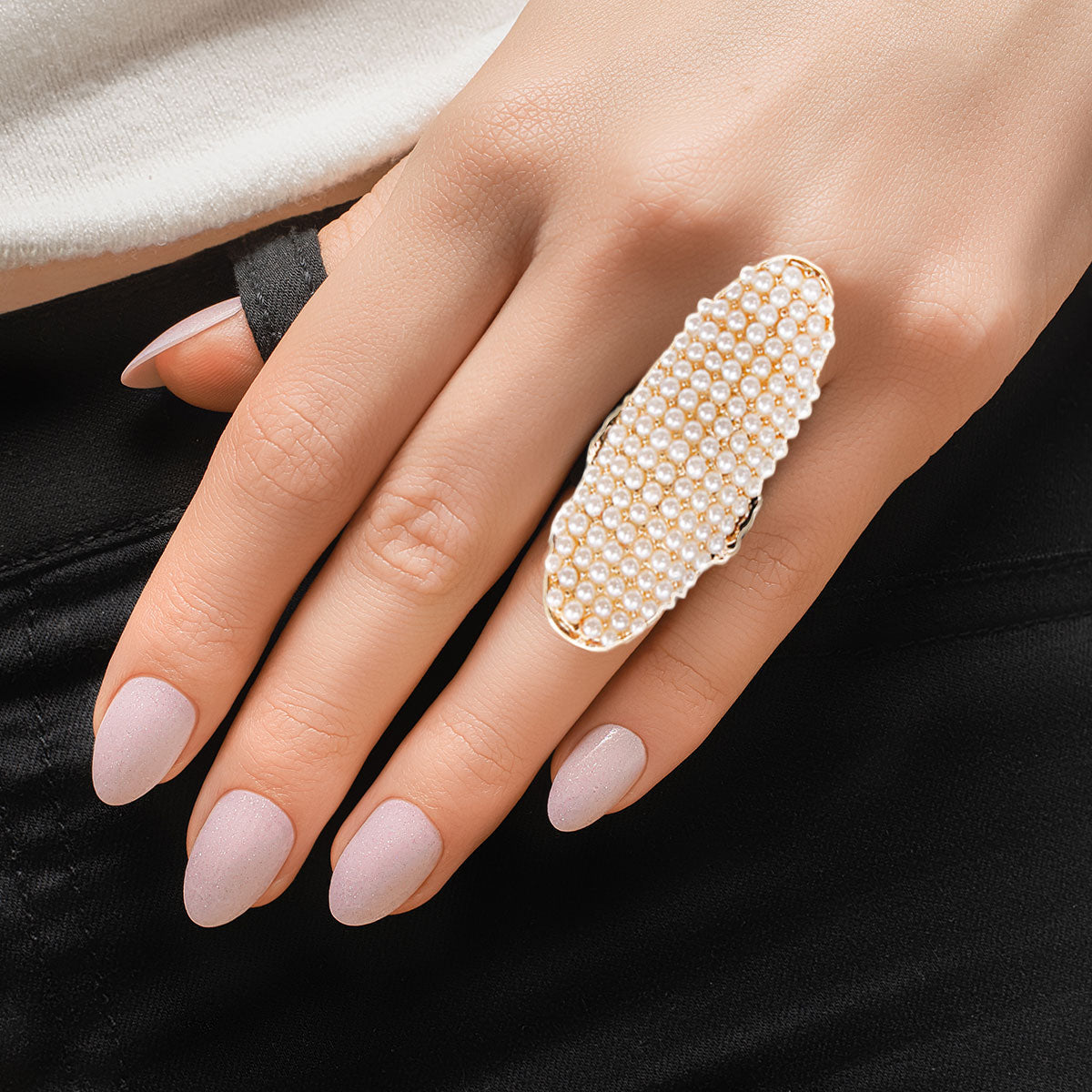 Cream Pearl and Gold Long Oval Ring