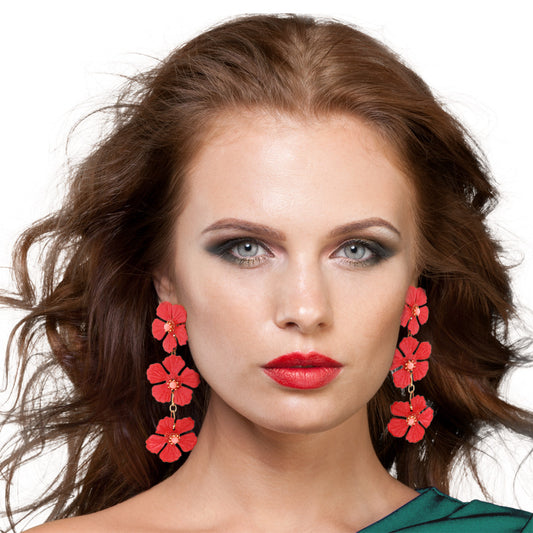 Coral Metal Trio Flower Earrings