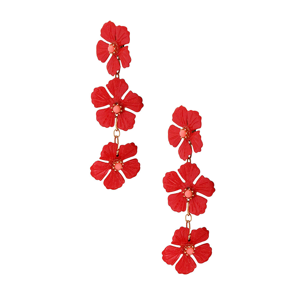 Coral Metal Trio Flower Earrings