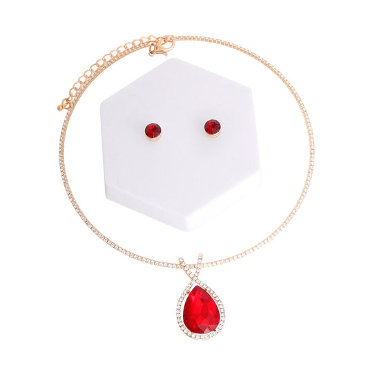 Gold Memory Wire Red Teardrop Necklace