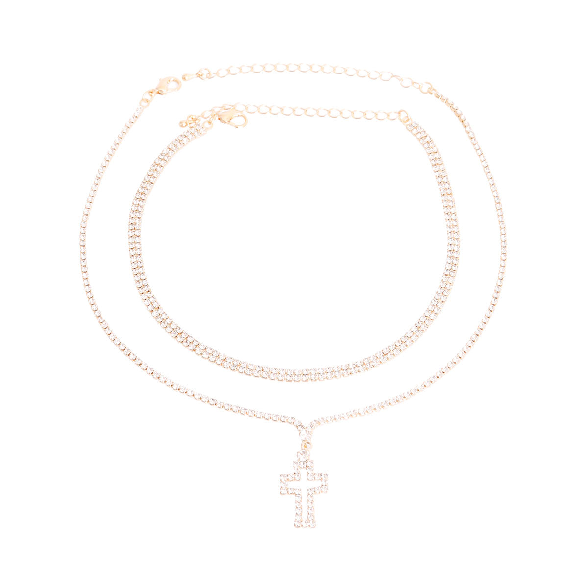 Gold Rhinestone Cross 2 Choker Set