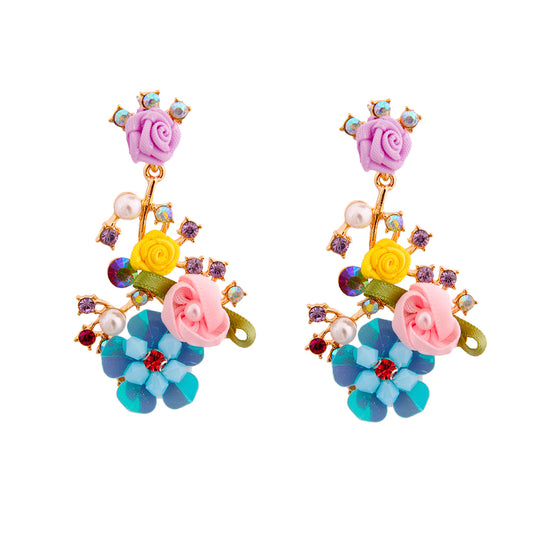 Purple Flower and Rhinestone Drop Earrings