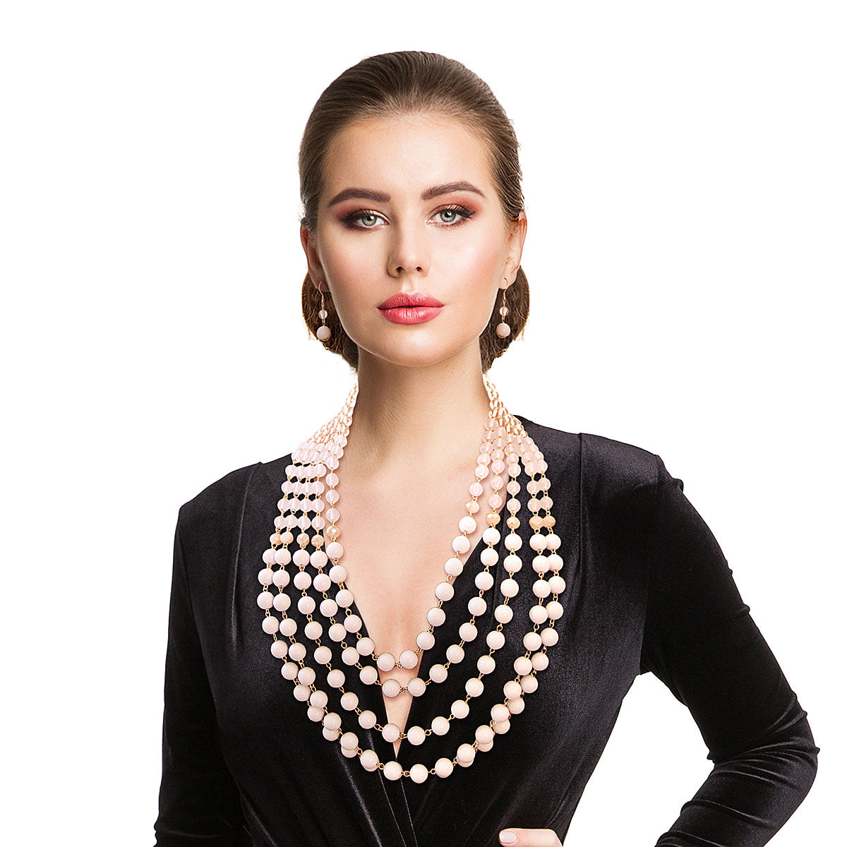 Ombre White Bead Multi Strand Layered Necklace Set