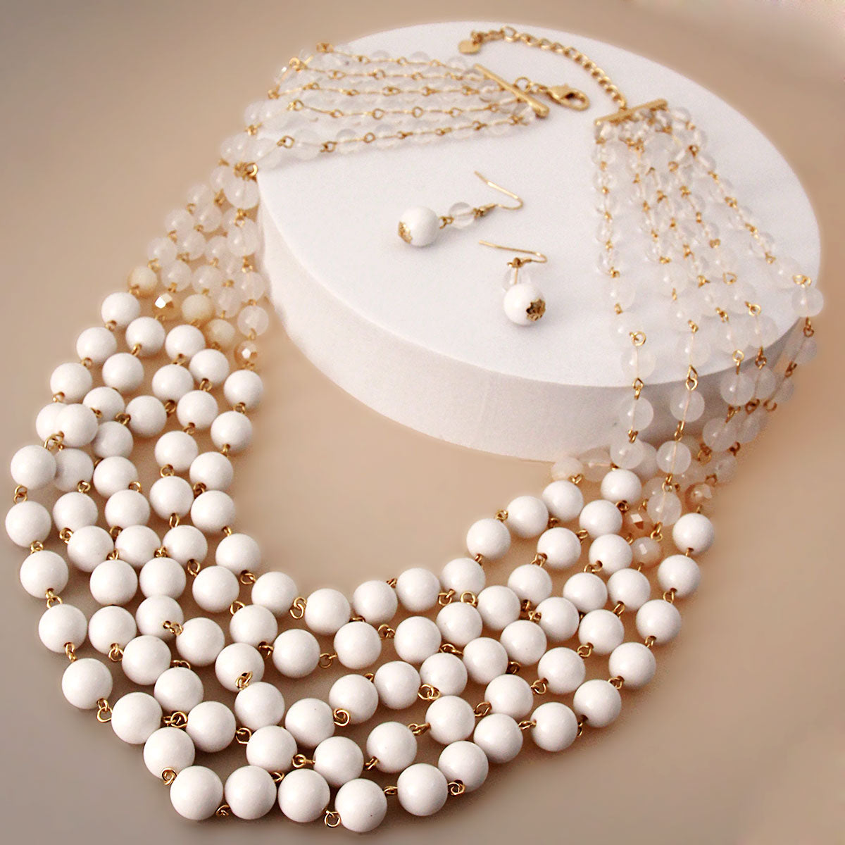 Ombre White Bead Multi Strand Layered Necklace Set