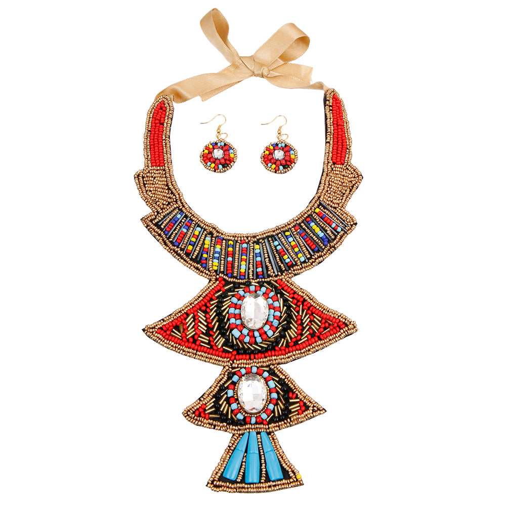 Multi Color Bead and Crystal Bib Necklace Set