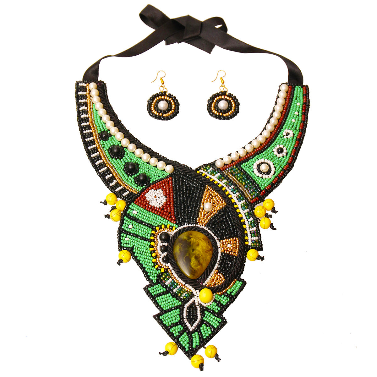 Green and Black Bead Bib Necklace Set