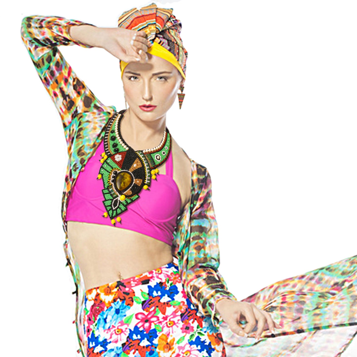 Green and Black Bead Bib Necklace Set