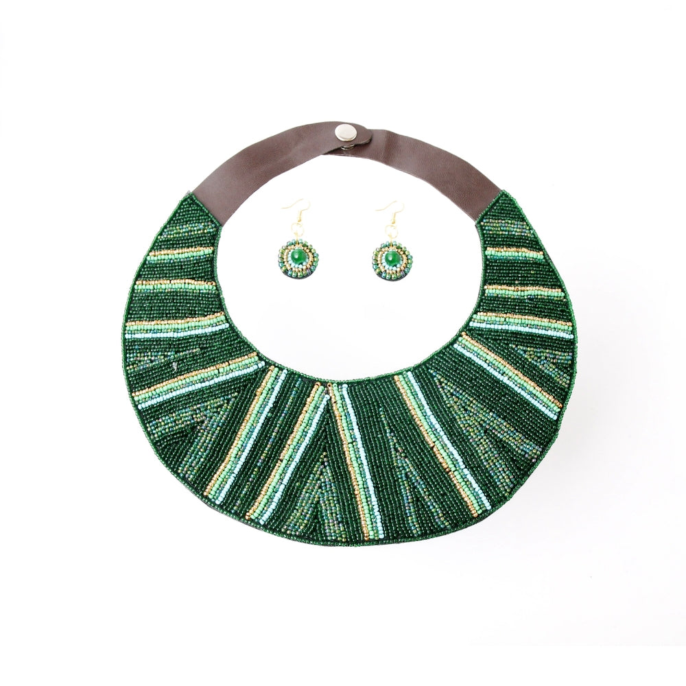 Green Striped Round Beaded Bib Necklace Set . Leather Neckline and Snap Closure