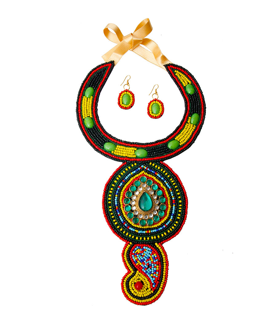 Multi Color Bead with Emerald Crystal Center Bib Necklace Set