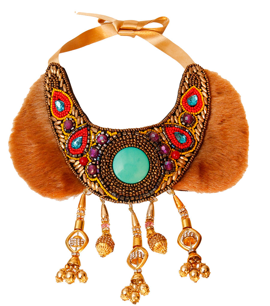 Multi Color Bead and Fur Collar Bib Necklace